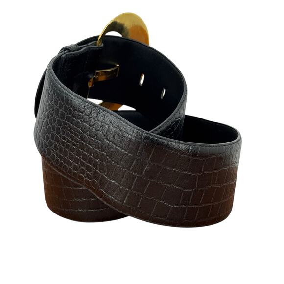 Magid Croco Embossed Wide Belt SZ L Women Black Big Buckle Chic Leather 70s Bold